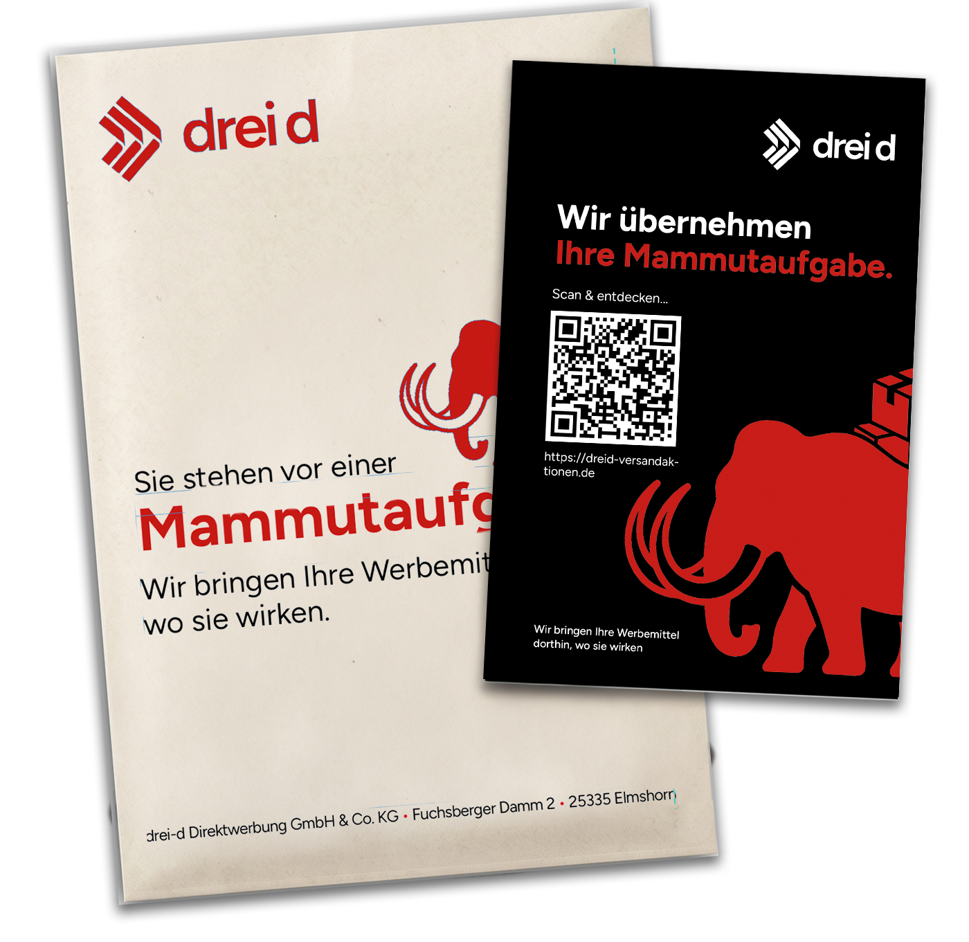 drei-d Mammut-Mailing — Vollpapp-Umschlag mit Mammut-Illustration